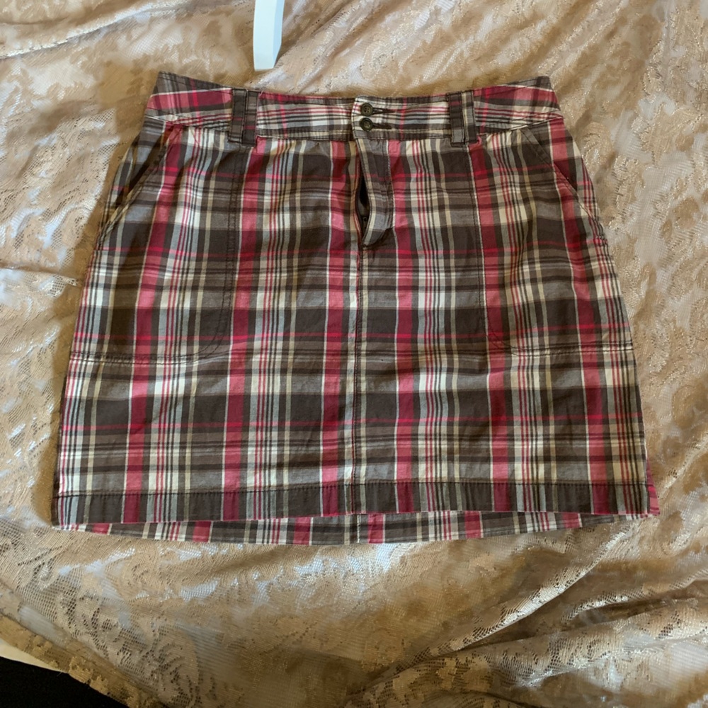 Plaid Mini Skirt Pink Brown Button Accent Retro Twee